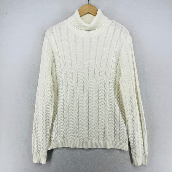 LANDS END Sweater Womens L 14-16 Turtleneck Cable Knit Pullover Cotton Off White - Picture 2 of 16